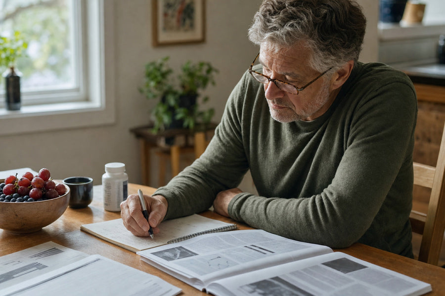 Hombre adulto revisando información sobre bienestar con uvas y frutos rojos sobre la mesa