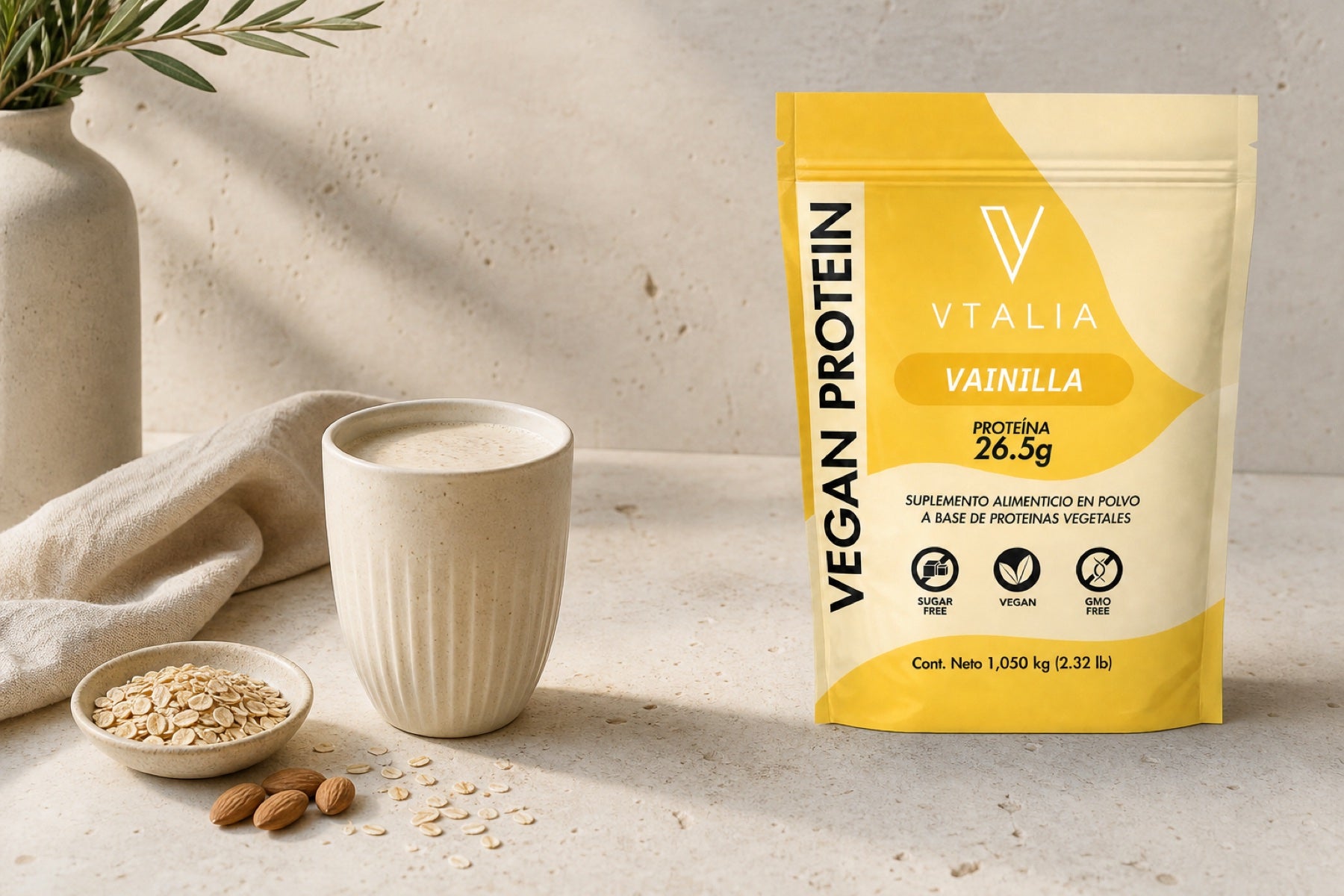 Proteína Vegana Vainilla VTALIA junto a un batido, avena y almendras