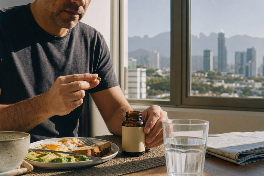 Persona integrando una cápsula a su desayuno junto a una ventana soleada