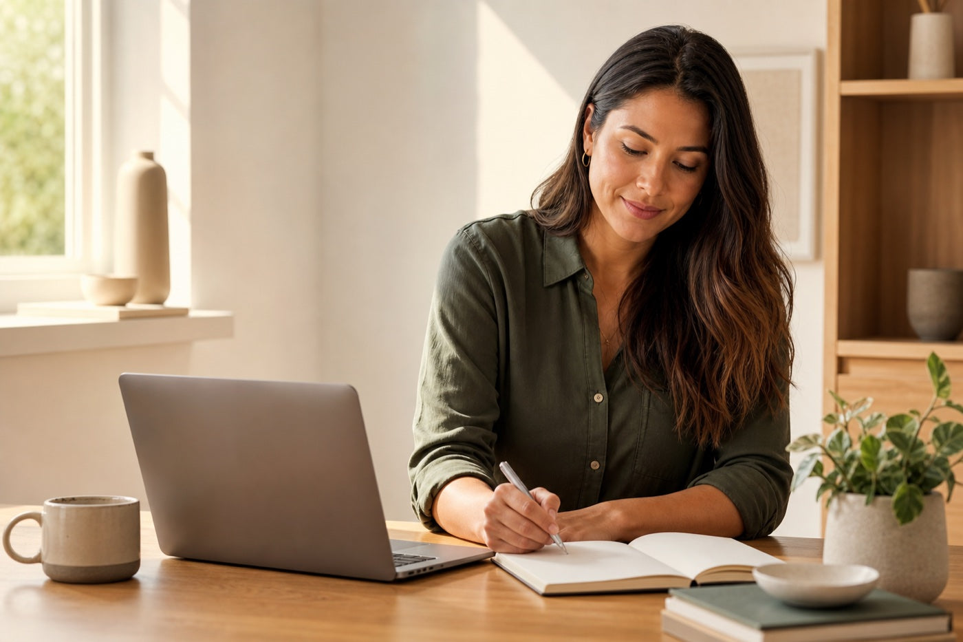 Mujer trabajando con concentración frente a una laptop y un cuaderno